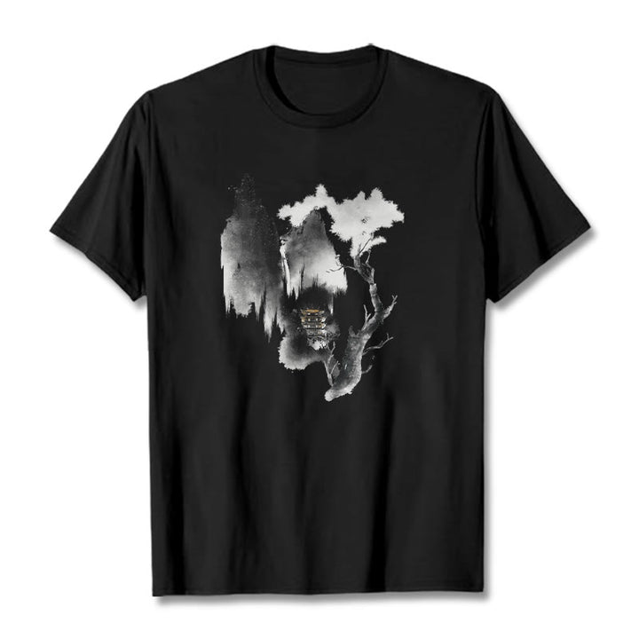 Pawilon Buddha Stones Drzewo Gęsi Wokół Gór Wzór Koszulka T-shirt - Czarny - 2XL - image 6