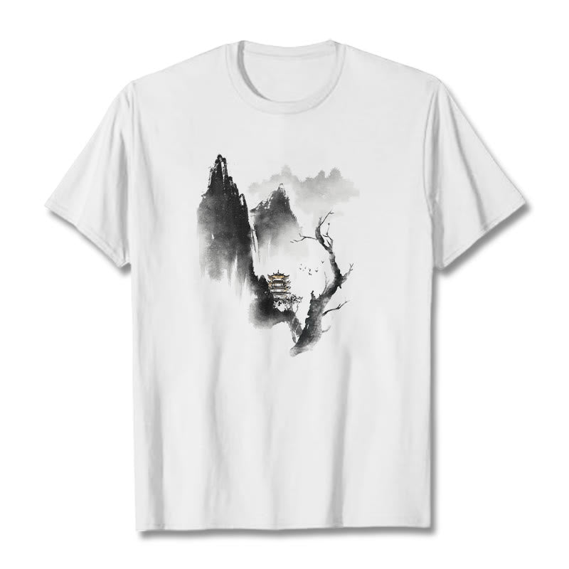 Pawilon Buddha Stones Drzewo Gęsi Wokół Gór Wzór Koszulka T-shirt - Biały - 2XL - image 2