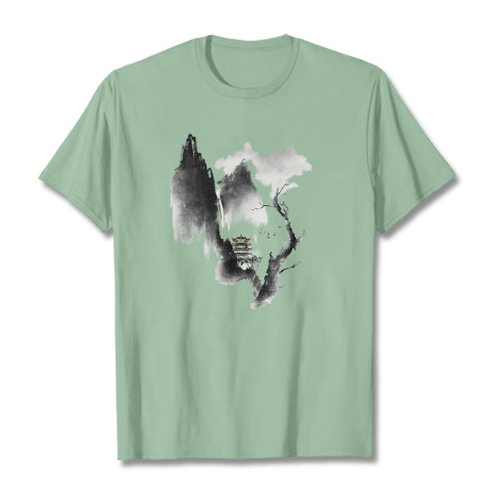 Pawilon Buddha Stones Drzewo Gęsi Wokół Gór Wzór Koszulka T-shirt - PaleGreen - 2XL - image 16