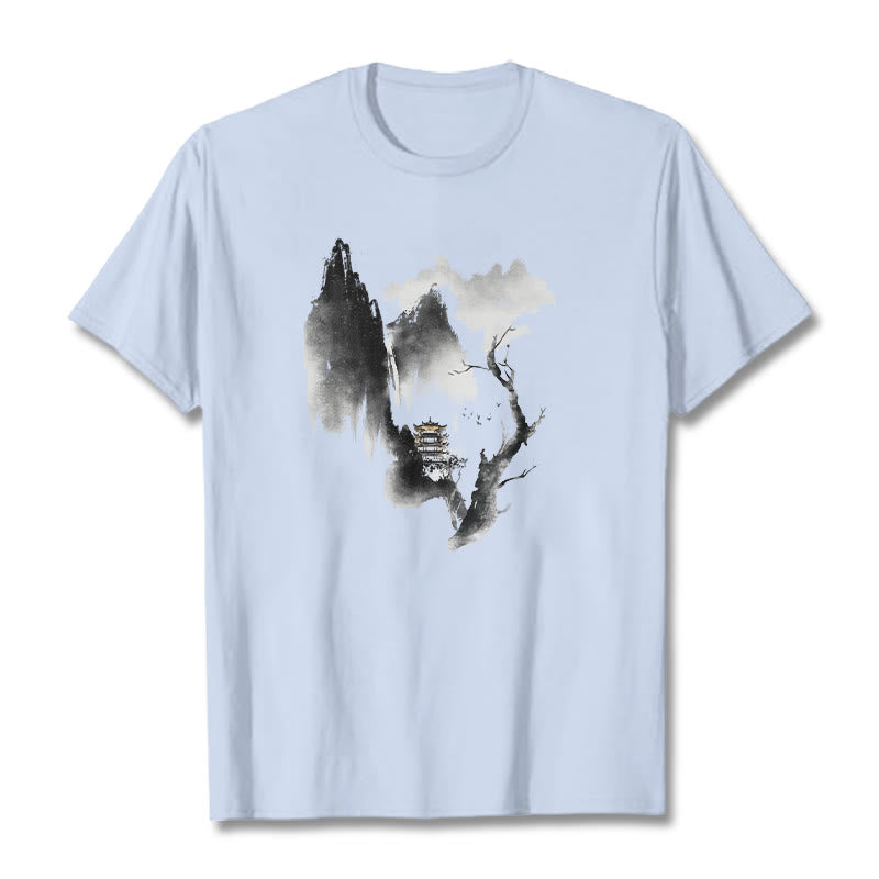 Pawilon Buddha Stones Drzewo Gęsi Wokół Gór Wzór Koszulka T-shirt - Jasnoniebieski - 2XL - image 20