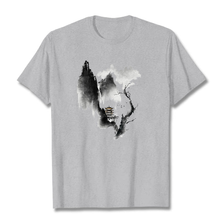 Pawilon Buddha Stones Drzewo Gęsi Wokół Gór Wzór Koszulka T-shirt - Jasnoszary - 2XL - image 1