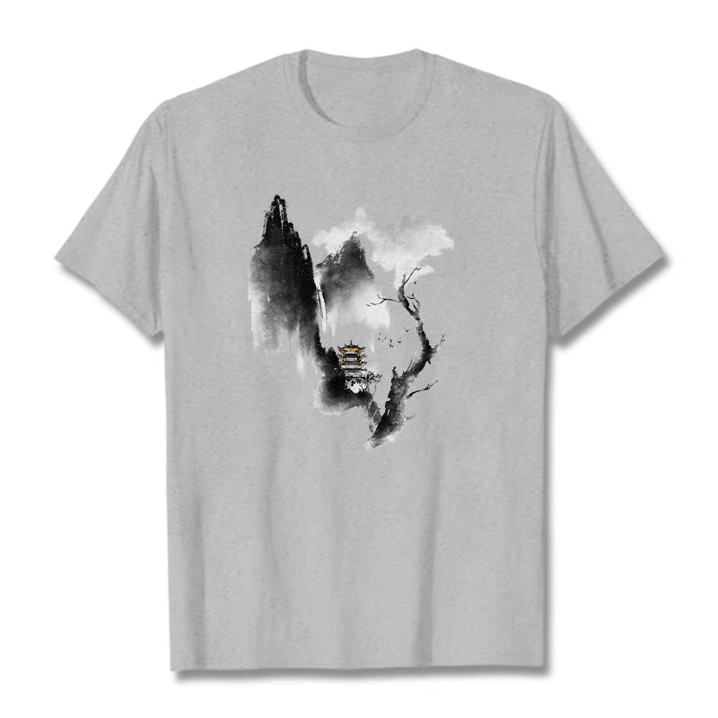 Pawilon Buddha Stones Drzewo Gęsi Wokół Gór Wzór Koszulka T-shirt - Jasnoszary - 2XL - image 0