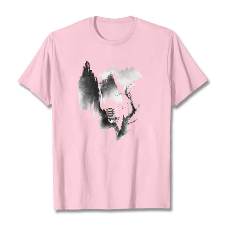 Pawilon Buddha Stones Drzewo Gęsi Wokół Gór Wzór Koszulka T-shirt - Jasnoróżowy - 2XL - image 13