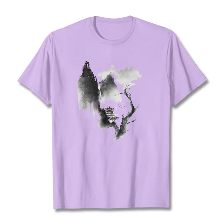 Pawilon Buddha Stones Drzewo Gęsi Wokół Gór Wzór Koszulka T-shirt - Śliwka - 2XL - image 18