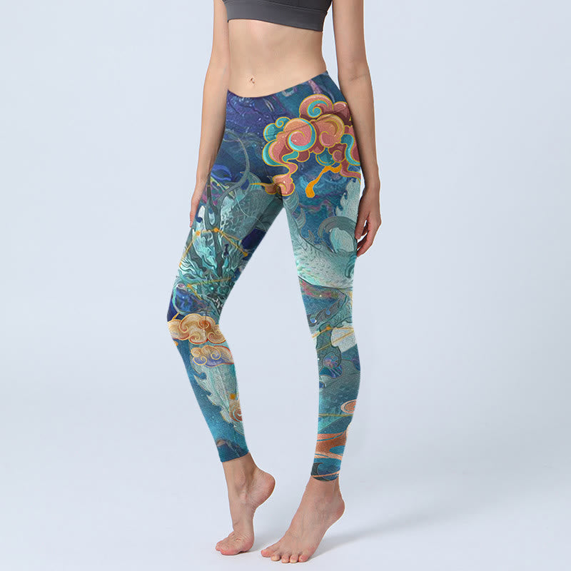 Buddha Stones Niebieski Smok Pomyślne Chmury Nadruk Legginsy Siłownia Damskie Spodnie Do Jogi - Stalowoniebieski - US18, UK/AU22, EU50 (4XL) - image 0