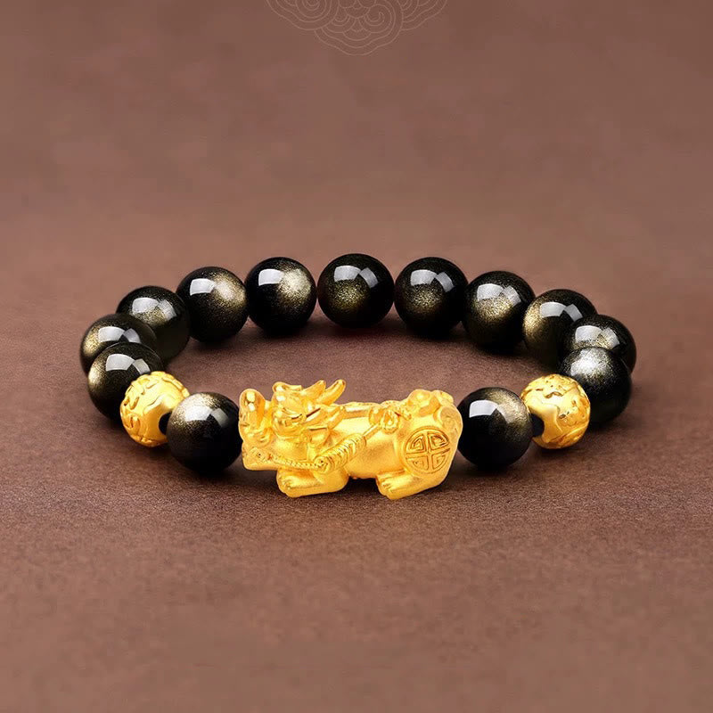 Buddha Stones Naturalny Złoty Połysk Obsydianu PiXiu Om Mani Padme Hum Bransoletka Bogactwa