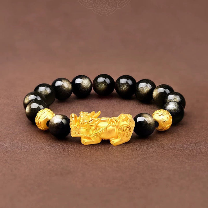 Buddha Stones Naturalny Złoty Połysk Obsydianu PiXiu Om Mani Padme Hum Bransoletka Bogactwa