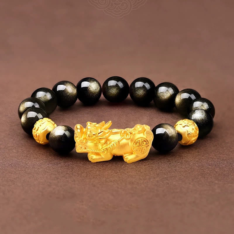 Buddha Stones Naturalny Złoty Połysk Obsydianu PiXiu Om Mani Padme Hum Bransoletka Bogactwa