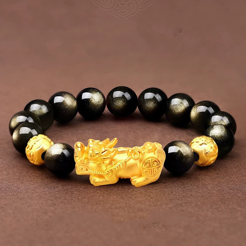 Buddha Stones Naturalny Złoty Połysk Obsydianu PiXiu Om Mani Padme Hum Bransoletka Bogactwa