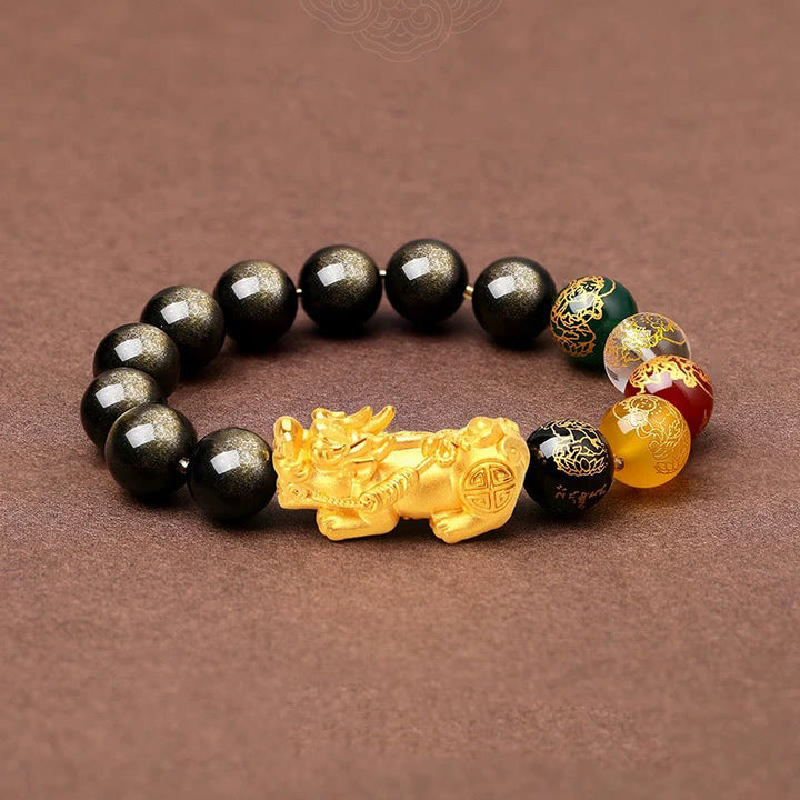 Buddha Stones Naturalny Złoty Połysk Obsydian PiXiu Bransoletka Ochronna Pięciu Kierunków Bogów Bogactwa