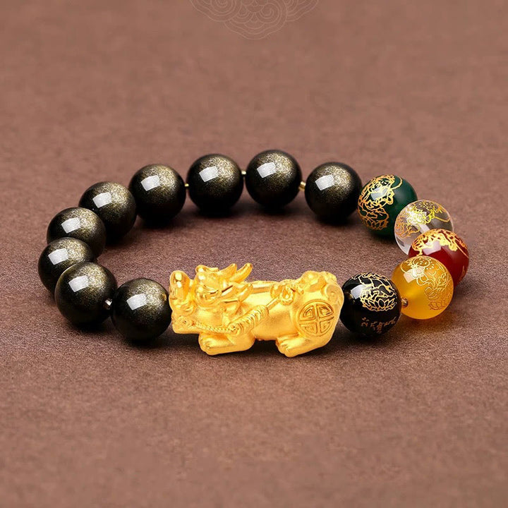 Buddha Stones Naturalny Złoty Połysk Obsydian PiXiu Bransoletka Ochronna Pięciu Kierunków Bogów Bogactwa