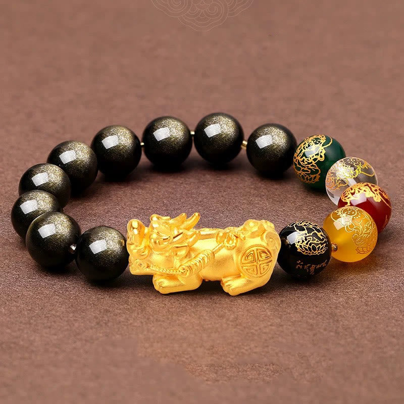 Buddha Stones Naturalny Złoty Połysk Obsydian PiXiu Bransoletka Ochronna Pięciu Kierunków Bogów Bogactwa