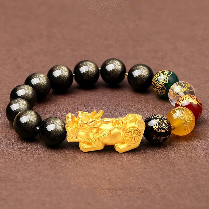 Buddha Stones Naturalny Złoty Połysk Obsydian PiXiu Bransoletka Ochronna Pięciu Kierunków Bogów Bogactwa