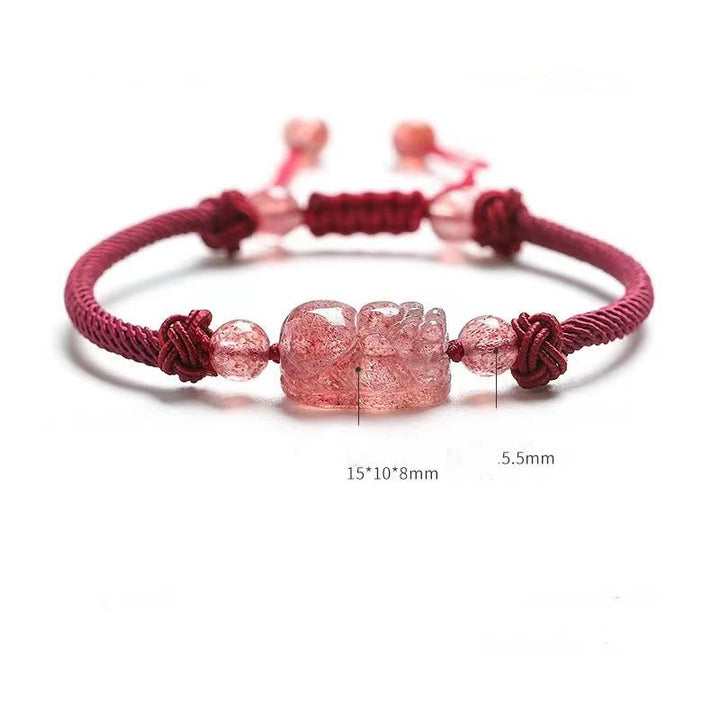 Buddha Stones Naturalny Kwarc Truskawkowy PiXiu Czerwony Sznurek Pleciona Bransoletka Ochronna