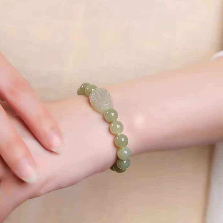 Buddha Stones Naturalny Hetian Jade PiXiu Rzeźbiona Bransoletka Szczęścia