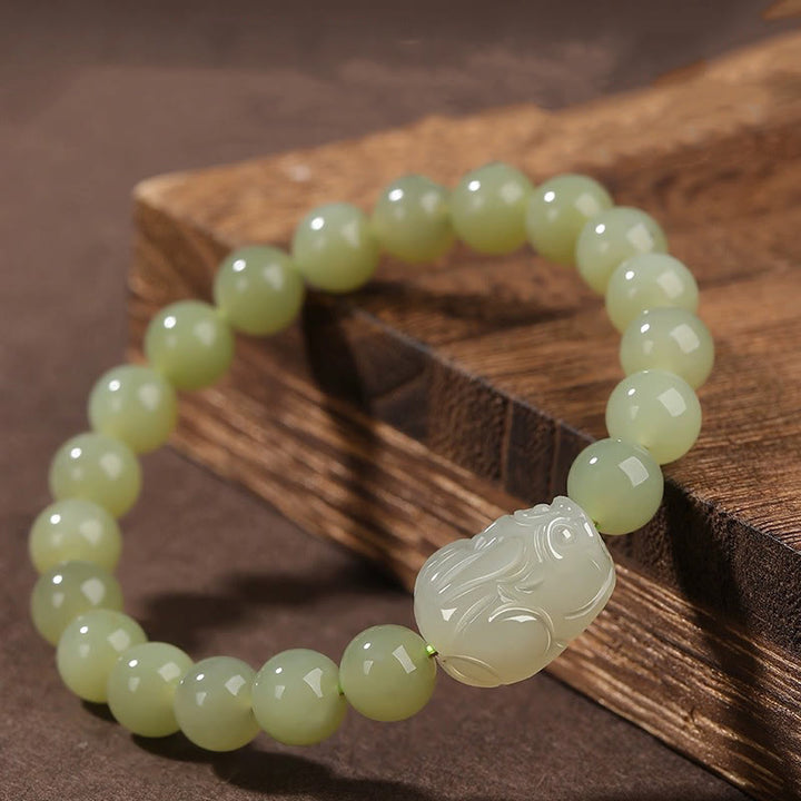 Buddha Stones Naturalny Hetian Jade PiXiu Rzeźbiona Bransoletka Szczęścia