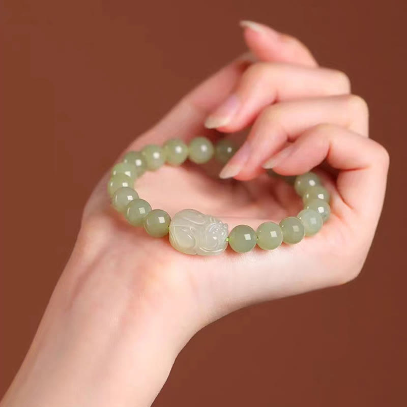Buddha Stones Naturalny Hetian Jade PiXiu Rzeźbiona Bransoletka Szczęścia