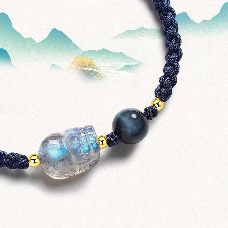 Buddha Stones Kamień Księżycowy PiXiu Niebieskie Tygrysie Oko Fu Charakter Uzdrawiająca Para Bransoletka Sznurkowa