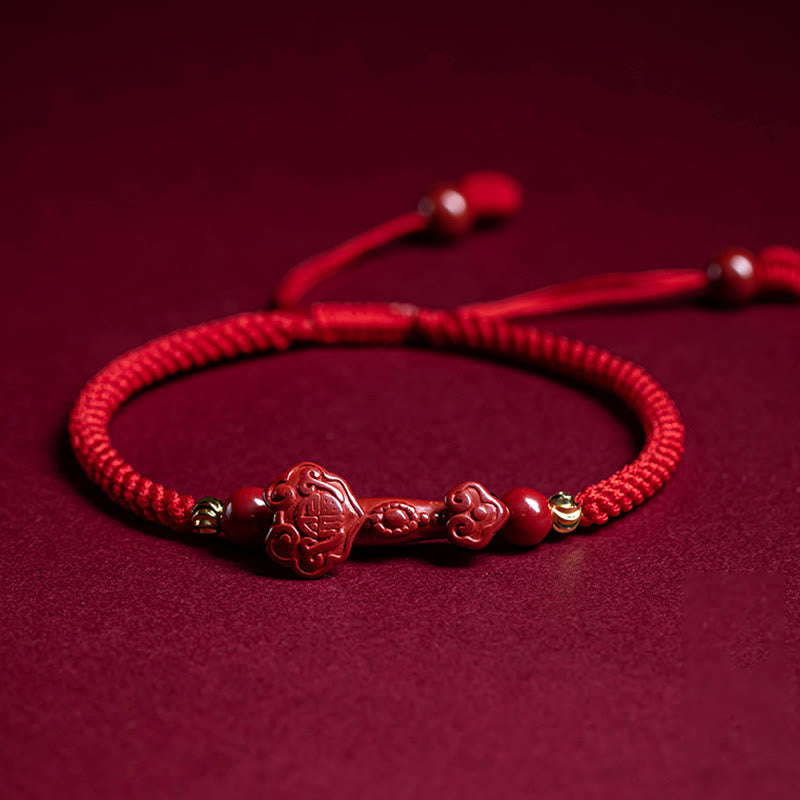 Buddha Stones Ręcznie robione Cynobrowe Ruyi Uchwyt Fu Charakter PiXiu Błogosławieństwo Czerwony Sznurek Bransoletka pleciona
