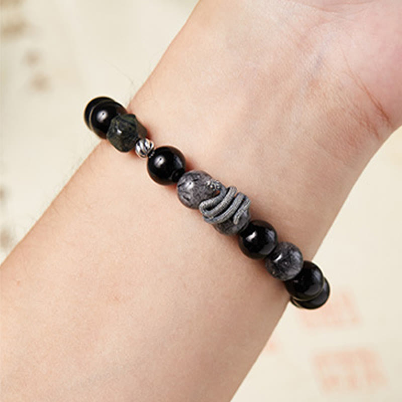 Buddha Stones Czarny Obsydian Czarny Rutilowany Kwarc 925 Srebro Sterling Bransoletka Oczyszczająca Rok Węża