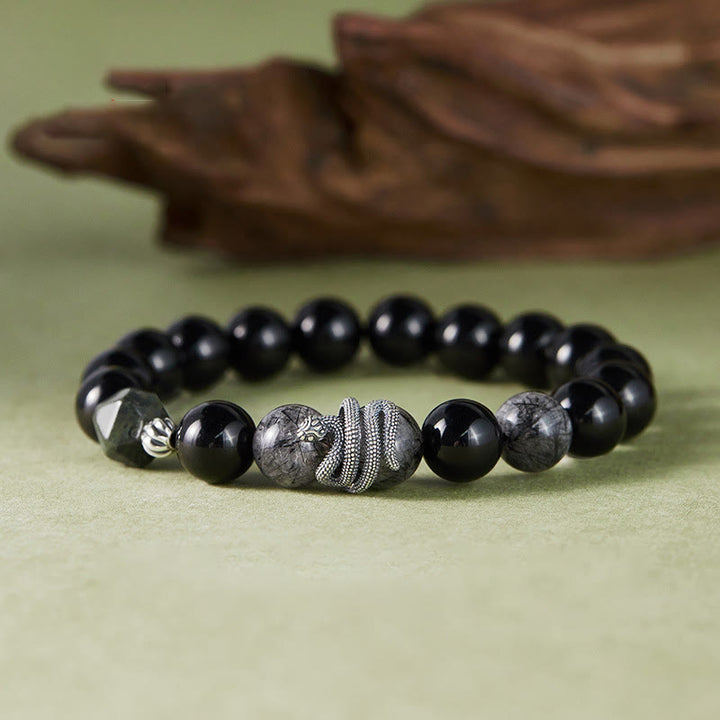 Buddha Stones Czarny Obsydian Czarny Rutilowany Kwarc 925 Srebro Sterling Bransoletka Oczyszczająca Rok Węża