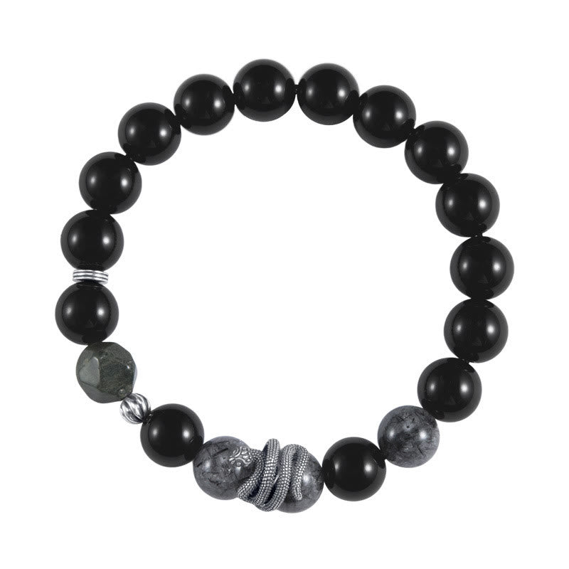 Buddha Stones Czarny Obsydian Czarny Rutilowany Kwarc 925 Srebro Sterling Bransoletka Oczyszczająca Rok Węża