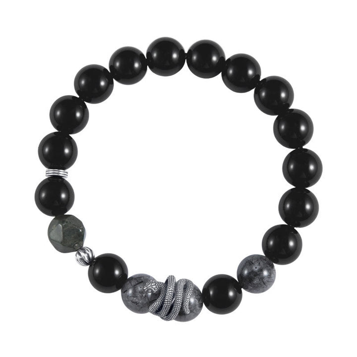 Buddha Stones Czarny Obsydian Czarny Rutilowany Kwarc 925 Srebro Sterling Bransoletka Oczyszczająca Rok Węża