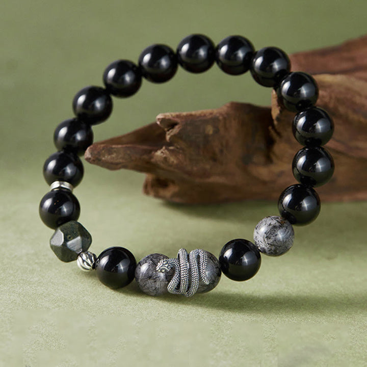 Buddha Stones Czarny Obsydian Czarny Rutilowany Kwarc 925 Srebro Sterling Bransoletka Oczyszczająca Rok Węża