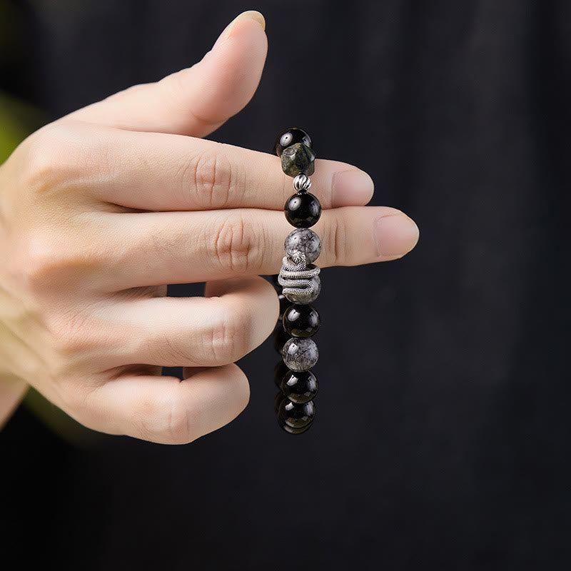 Buddha Stones Czarny Obsydian Czarny Rutilowany Kwarc 925 Srebro Sterling Bransoletka Oczyszczająca Rok Węża