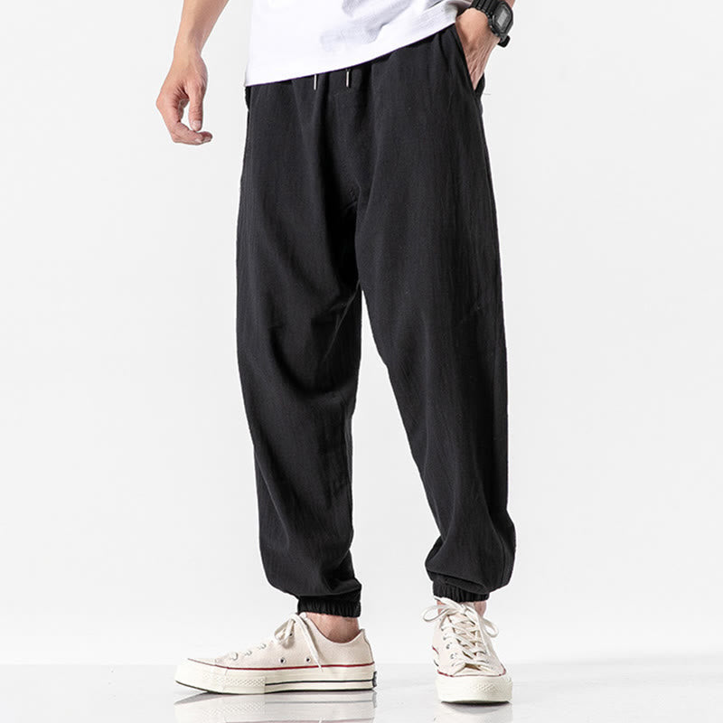 Spodnie męskie z kieszeniami i ściągaczem z bawełny Buddha Stones w jednolitym kolorze - Czarny - US/UK/AU50, EU60 (5XL) - image 8