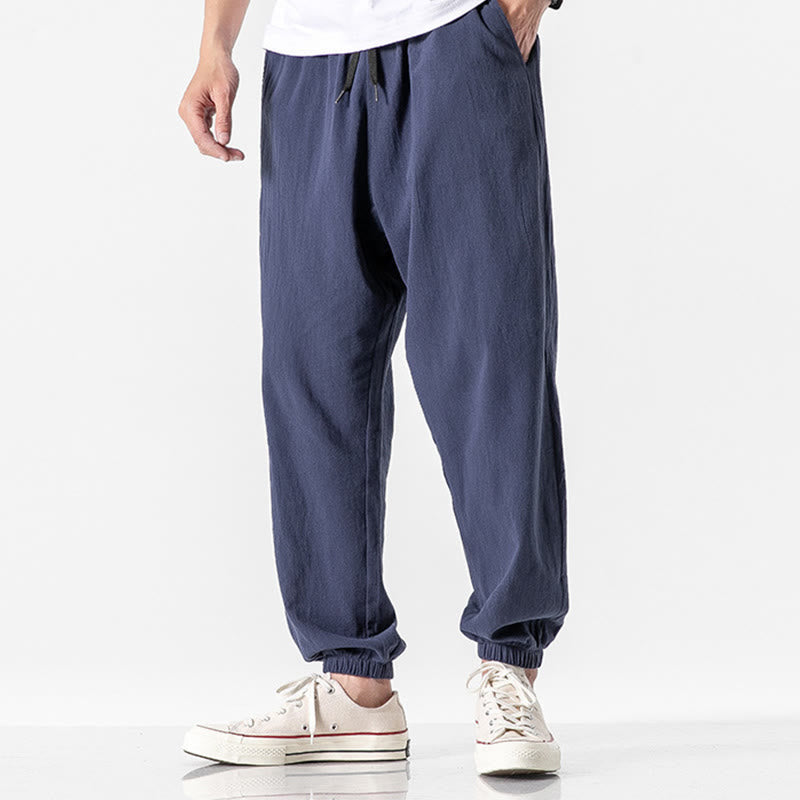 Spodnie męskie z kieszeniami i ściągaczem z bawełny Buddha Stones w jednolitym kolorze - Ciemnoniebieski - US/UK/AU50, EU60 (5XL) - image 16