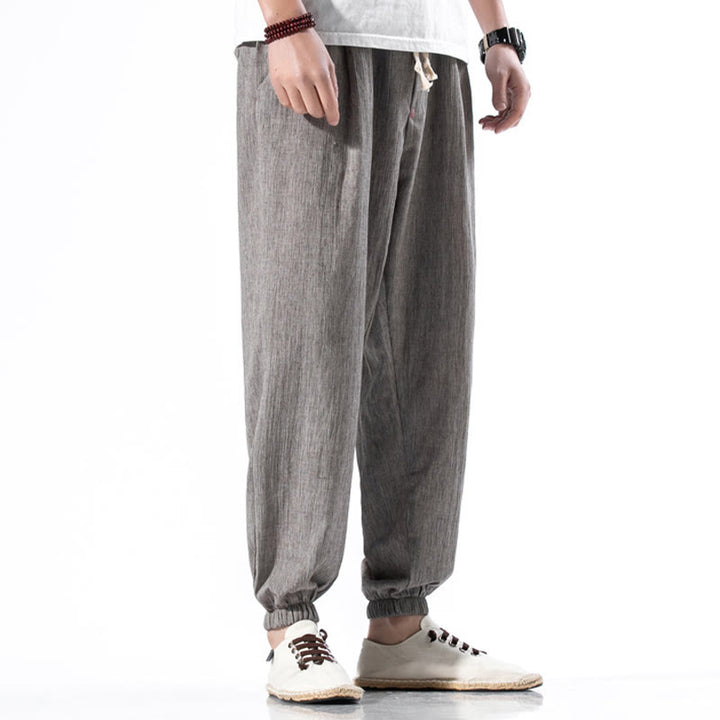 Spodnie męskie z kieszeniami i ściągaczem Buddha Stones Casual Solid Color Drawstring Linen - image 33