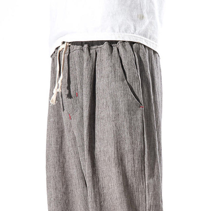 Spodnie męskie z kieszeniami i ściągaczem Buddha Stones Casual Solid Color Drawstring Linen - image 35