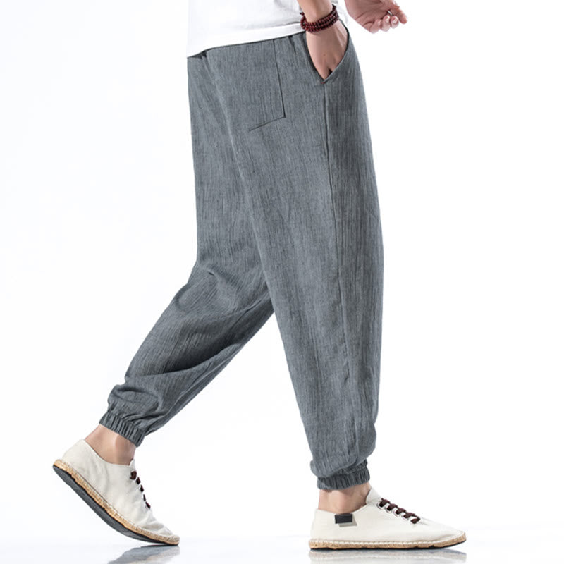 Spodnie męskie z kieszeniami i ściągaczem Buddha Stones Casual Solid Color Drawstring Linen - image 26