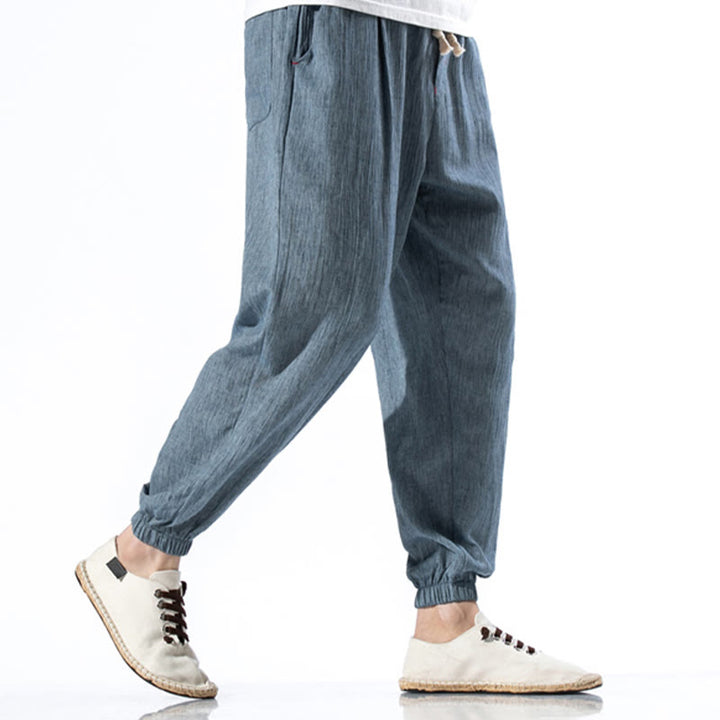 Spodnie męskie z kieszeniami i ściągaczem Buddha Stones Casual Solid Color Drawstring Linen - image 3