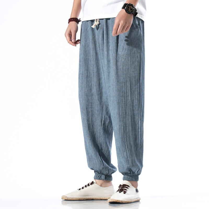 Spodnie męskie z kieszeniami i ściągaczem Buddha Stones Casual Solid Color Drawstring Linen - image 2