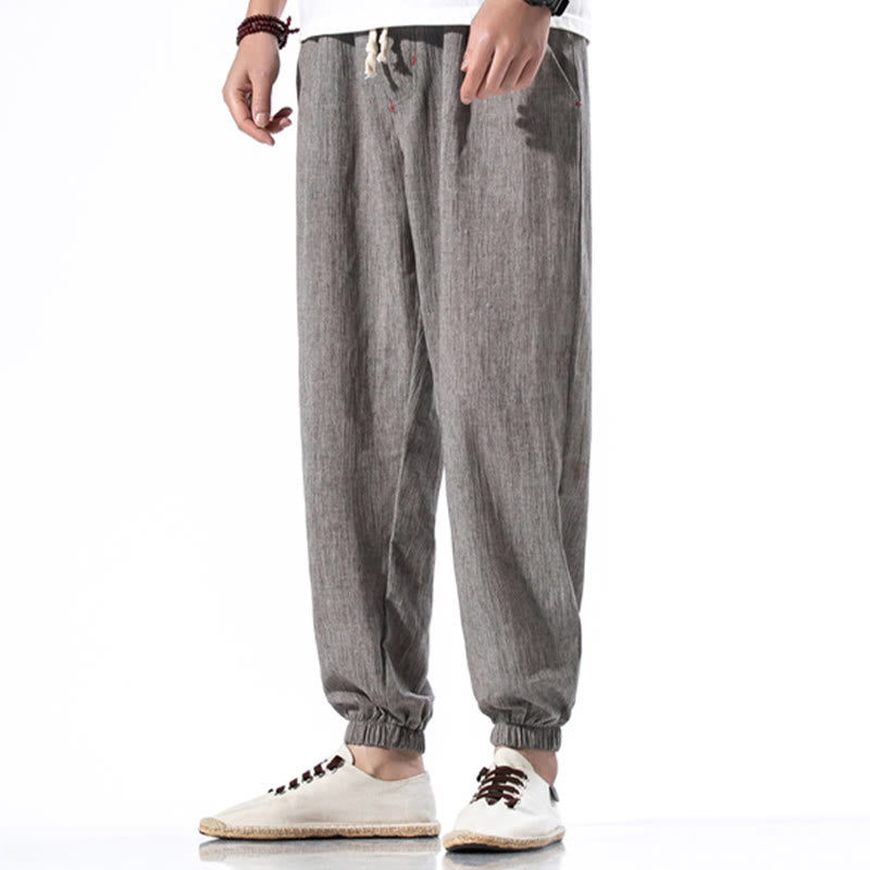 Spodnie męskie z kieszeniami i ściągaczem Buddha Stones Casual Solid Color Drawstring Linen - Szary - US/UK/AU46， EU56 (5XL) - image 28