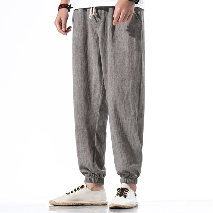 Spodnie męskie z kieszeniami i ściągaczem Buddha Stones Casual Solid Color Drawstring Linen - Szary - US/UK/AU46， EU56 (5XL) - image 28