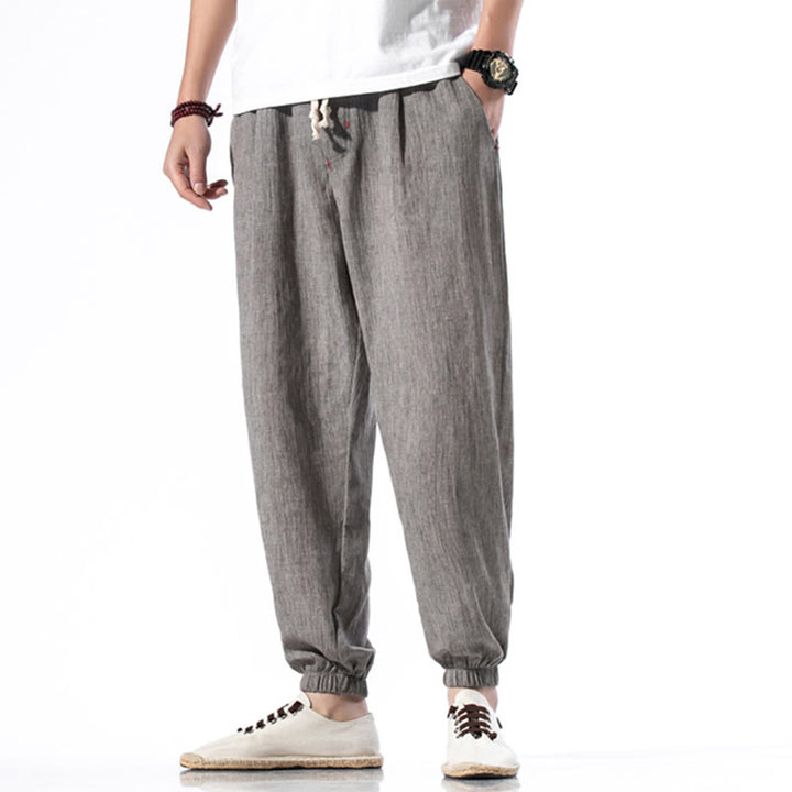 Spodnie męskie z kieszeniami i ściągaczem Buddha Stones Casual Solid Color Drawstring Linen - image 29