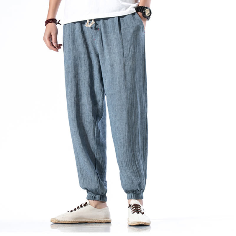 Spodnie męskie z kieszeniami i ściągaczem Buddha Stones Casual Solid Color Drawstring Linen - image 7