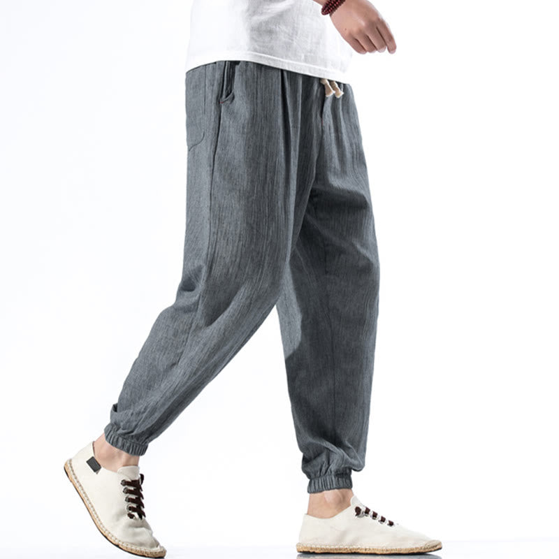 Spodnie męskie z kieszeniami i ściągaczem Buddha Stones Casual Solid Color Drawstring Linen - image 25