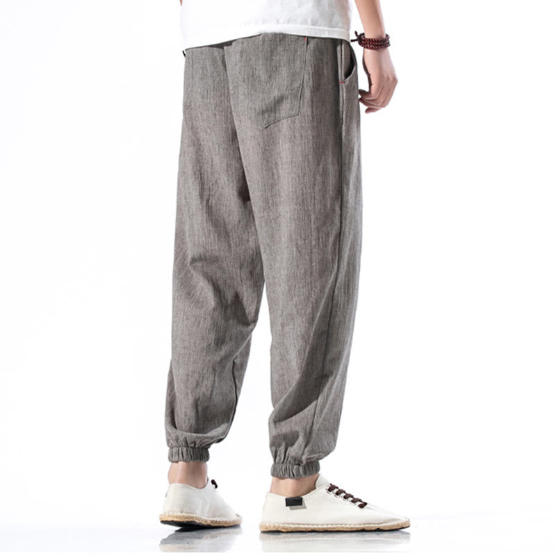 Spodnie męskie z kieszeniami i ściągaczem Buddha Stones Casual Solid Color Drawstring Linen - image 33