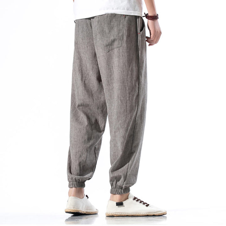 Spodnie męskie z kieszeniami i ściągaczem Buddha Stones Casual Solid Color Drawstring Linen - image 33