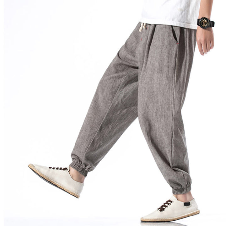 Spodnie męskie z kieszeniami i ściągaczem Buddha Stones Casual Solid Color Drawstring Linen - image 30