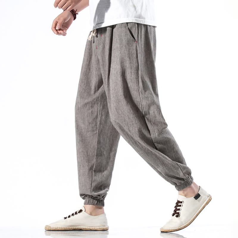 Spodnie męskie z kieszeniami i ściągaczem Buddha Stones Casual Solid Color Drawstring Linen - image 31
