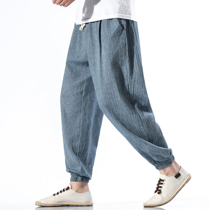 Spodnie męskie z kieszeniami i ściągaczem Buddha Stones Casual Solid Color Drawstring Linen - image 1