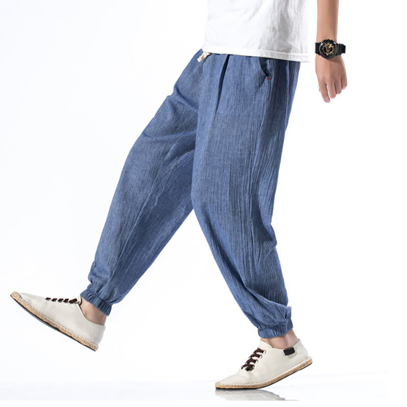 Spodnie męskie z kieszeniami i ściągaczem Buddha Stones Casual Solid Color Drawstring Linen - image 18