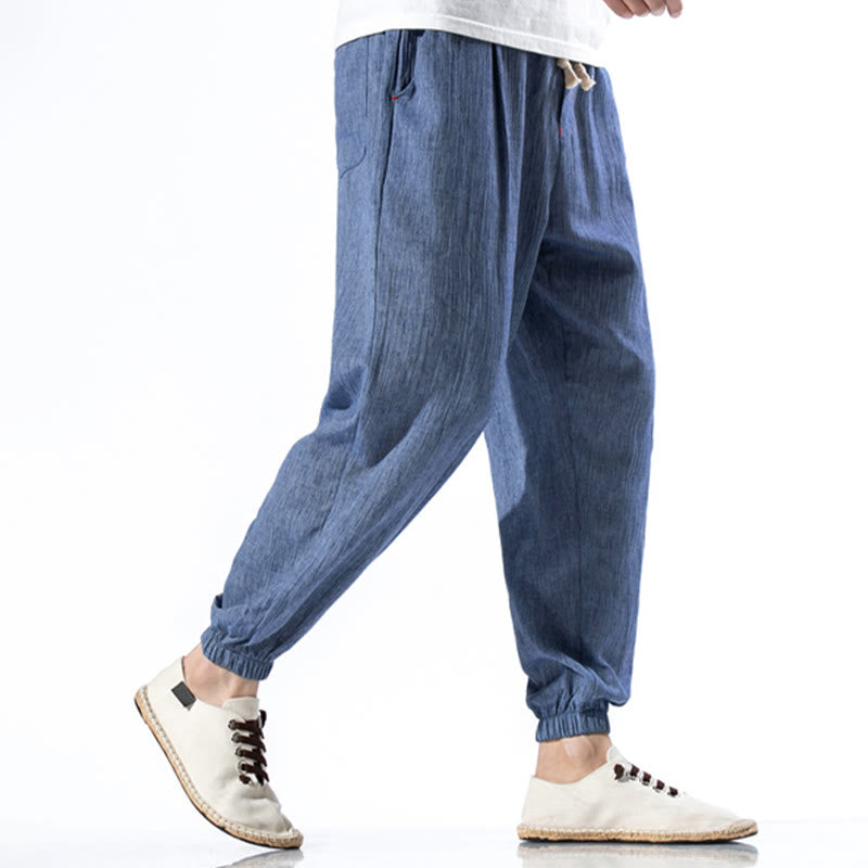 Spodnie męskie z kieszeniami i ściągaczem Buddha Stones Casual Solid Color Drawstring Linen - image 20