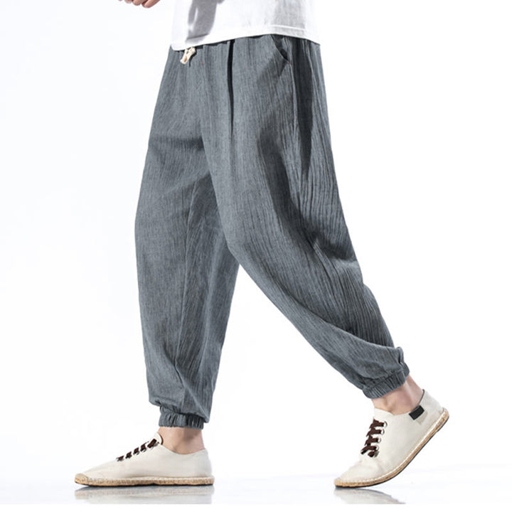 Spodnie męskie z kieszeniami i ściągaczem Buddha Stones Casual Solid Color Drawstring Linen - image 24