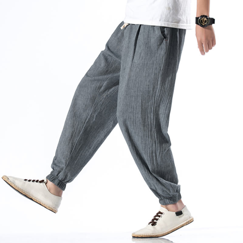 Spodnie męskie z kieszeniami i ściągaczem Buddha Stones Casual Solid Color Drawstring Linen - image 23